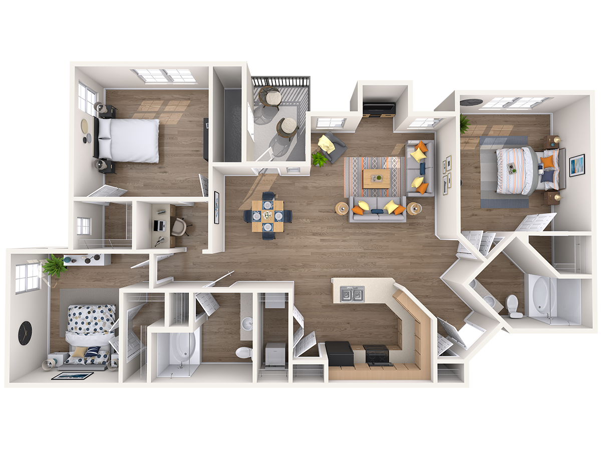Floor plan for 3 beds, 2 baths, 1332 sqft